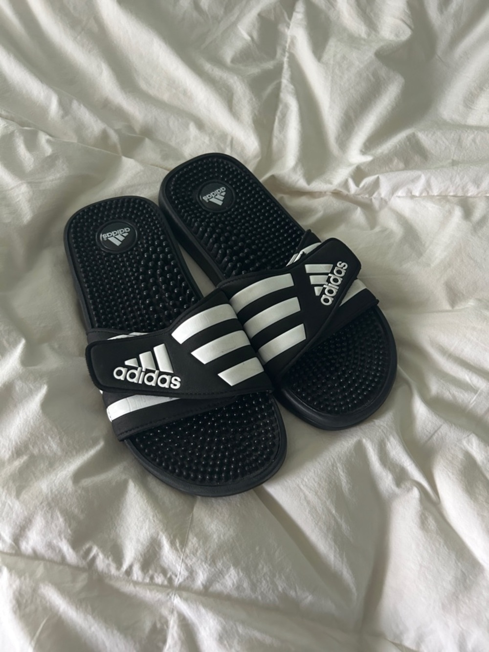 adidas Black and White Slide Sandals with Massage Footbed